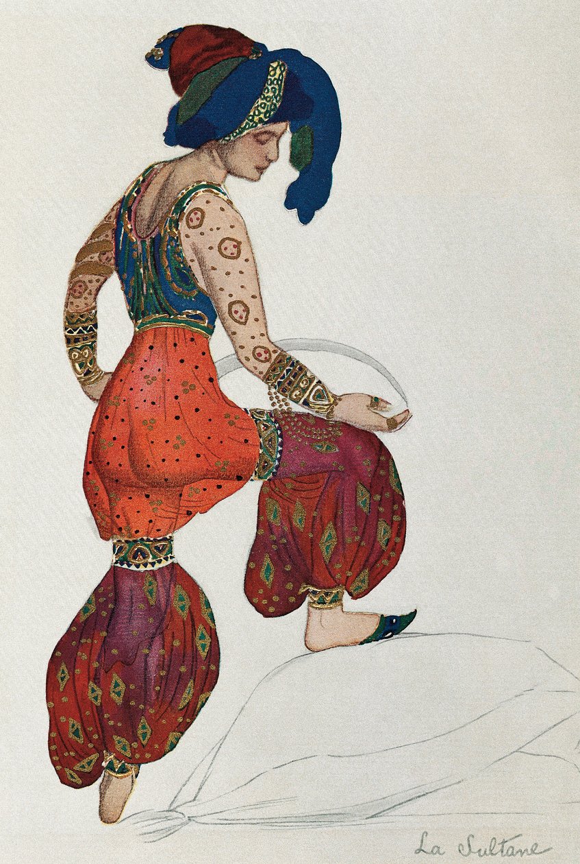 Figurino de Vaslav Nijinsky ou Nijinski (1889-1950) com a personagem do ballet simultâneo "Sheherazade" 1910 (aquarela sobre papel) de Leon Bakst