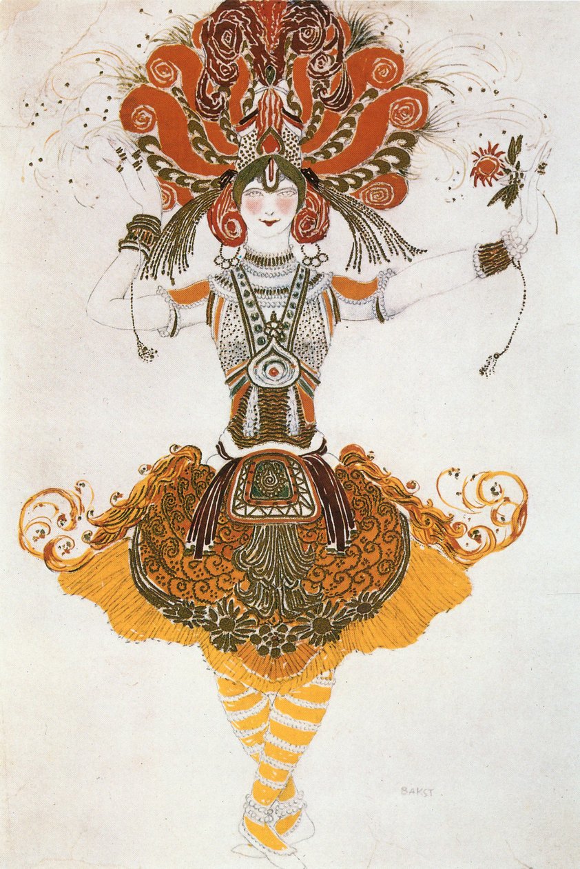 Traje do Pássaro de Fogo (para T (guache, ouro sobre papel) de Leon Bakst