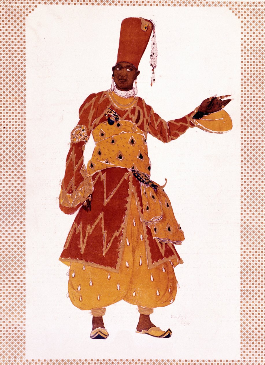 Traje do grande Eunuco de Lev Samoilovich Rosenberg chamado Leon Bakst (1866-1924) para o balé "Sheherazade" (ou Scheherazade) composto por Nikolai Andreyevich Rimsky-Korsakov (Rimsky Korsakov ou Rimskij Korsakov de Leon Bakst