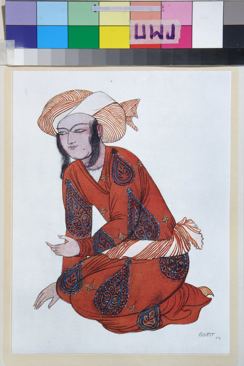 Traje para o ballet Sheherazade de Nicolas (Nikolai) Rimski Korsakov (Rimski-Korsakov) (1844-1908) - Oeuvre de Leon Bakst (1866-1924), lithographie 1922 - (Traje para o ballet Sheherazade de Nikolai Rimski-Korsakov, de Leon Bakst , Cor lírio de Leon Bakst