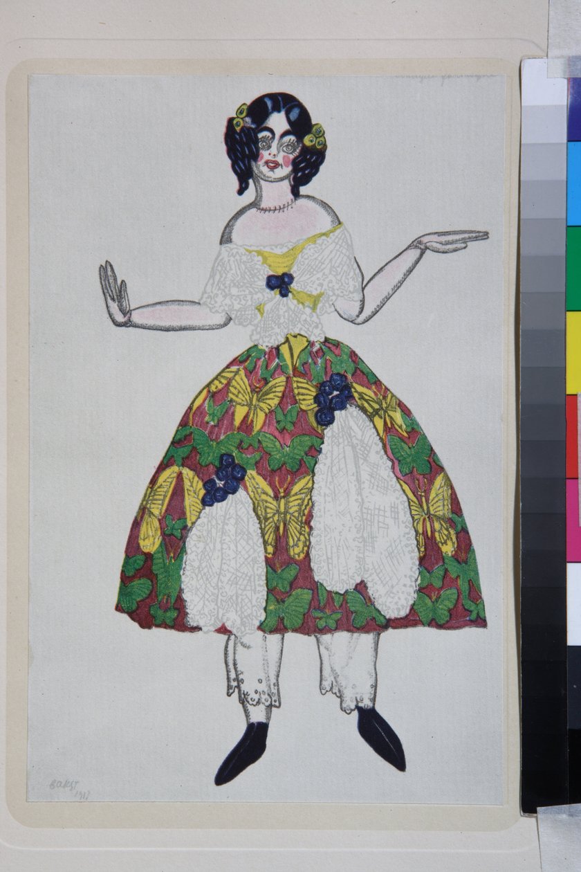 Desenho de figurino para o ballet "The Magic Toy Shop" de Gioachino Rossini, de Leon Bakst , litografia a cores de 1919 de Leon Bakst