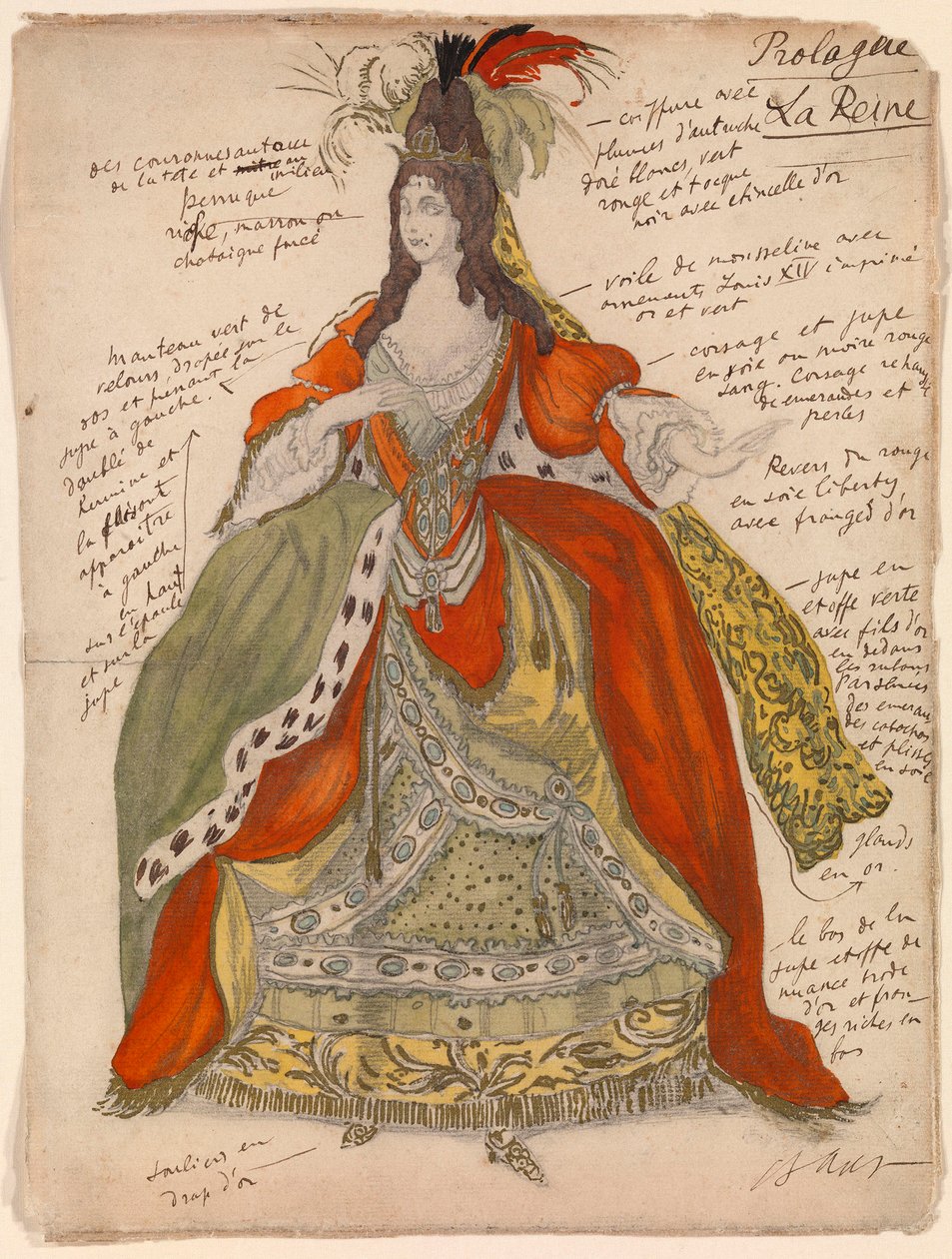 Traje preparatório da rainha, para o balé ""La belle au bois dormente"" de Piotr Tchaikovsky (1840-1893) (Figurino para o balé A Bela Adormecida de P Tchaikovsky) - Obra de Leon Bakst (1866-1924), lápis e aquarela em papel (33x25 cm) de Leon Bakst