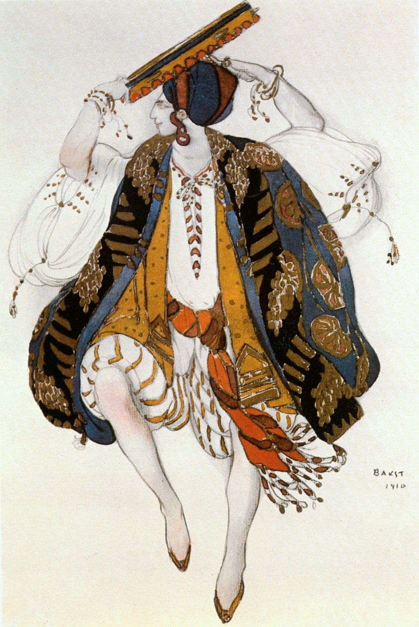 Esboço de um traje para uma dança judaica para A (aguarela, guache e lápis de cor sobre papel) de Leon Bakst