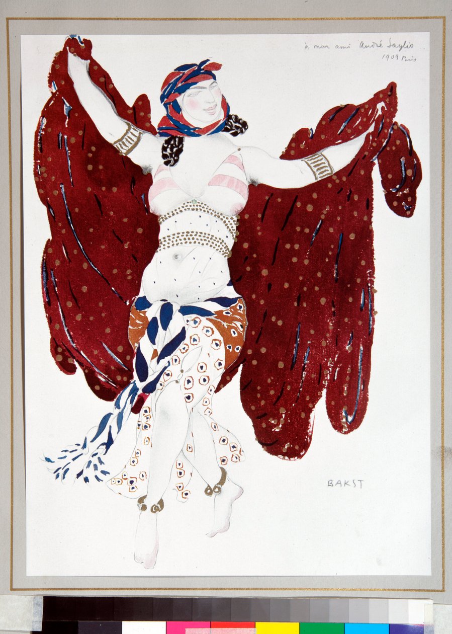 ""Dancer"" Figurino desenhado por Leon Bakst (1866-1924) para o balé ""Cleopatre"" dos Ballets Russes de Leon Bakst