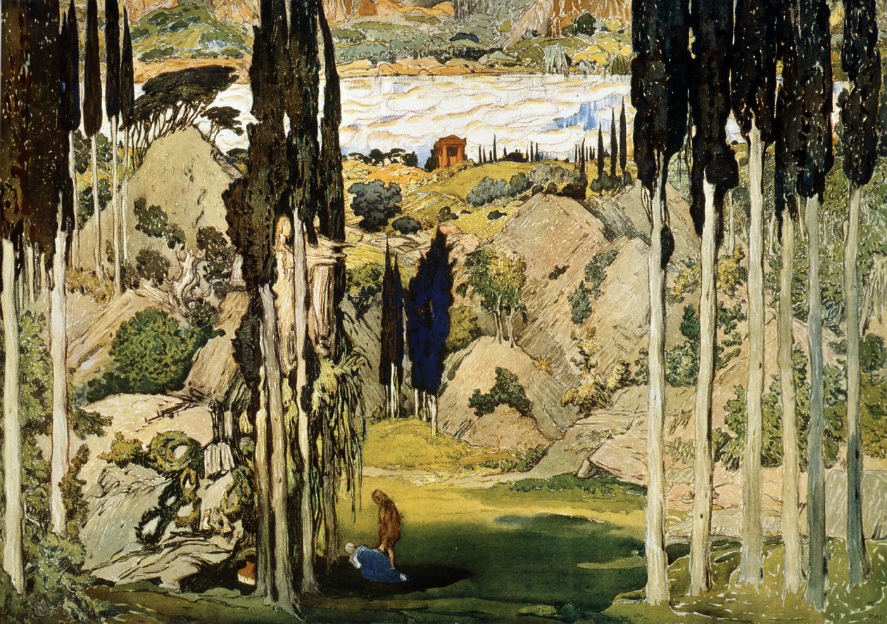 Desenho de cena para o bailado Daphnis e Chloe de Maurice Ravel (1875-1937). Pintura de Leon Bakst (1866-1924). Aguarela e guache sobre papel, 74 x 103,5 cm de Leon Bakst