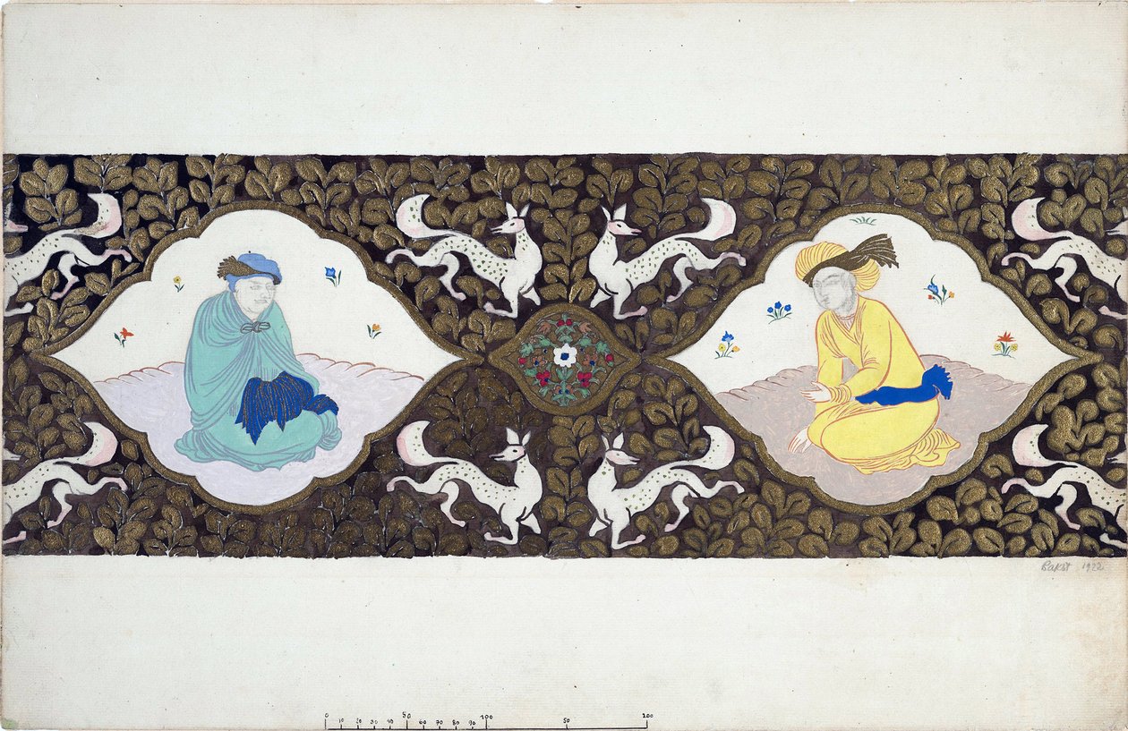 Decoração preparatória para o balé ""Ishtar"" de Bohuslav Martinu (1890-1959). (Cenografia para o balé Istar de B. Martinu). Dois personagens vestidos de oriental, com uma decoração de folhas e animais. Obra de Leon Bakst (1866-1924), aquarela e de Leon Bakst