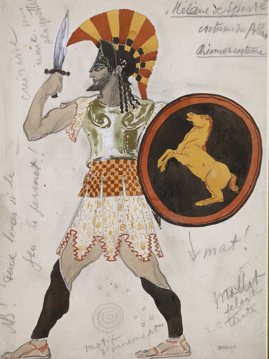Design para o traje de Pollux em &39;Hélène de Sparte&39; (grafite e aguarela com tinta dourada sobre papel branco) de Leon Bakst