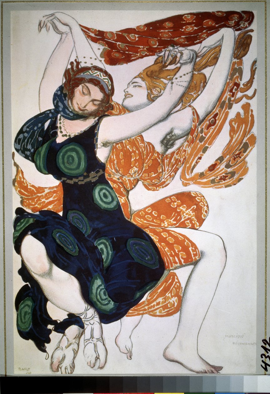 Duas beotiennes, desenho de fantasia para o ballet Narcisse de Nikolai Tcherepnin (1873-1945). Desenho de Leon Bakst (1866-1924). Aguarela, guache, ouro e prata sobre papel. de Leon Bakst