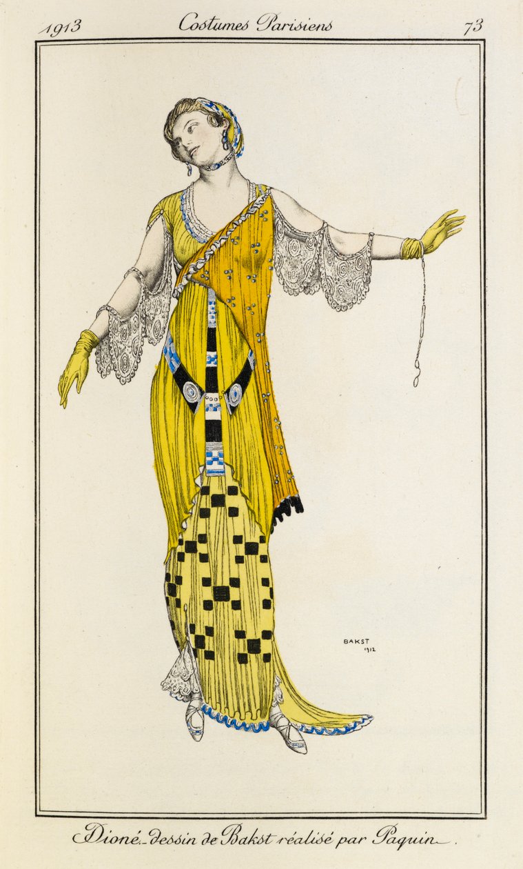 Dioné, desenho de Bakst feito por Jeanne Paquin. Fantasias Parisiens no.73 de Leon Bakst