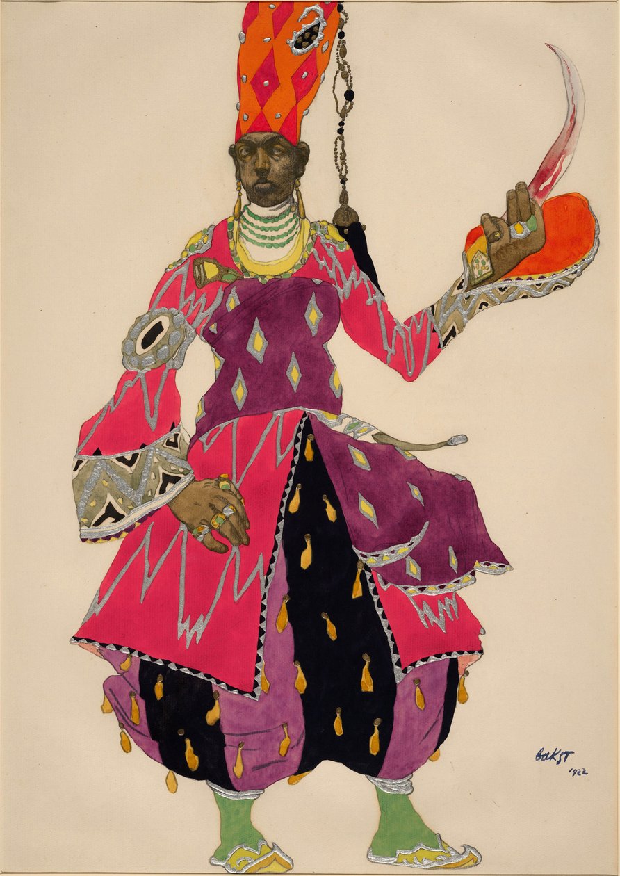 Eunuque "Eunuque" Traje para o Ballet Sheherazade (Scheharazade) de Nicolas (Nikolai) Rimski Korsakov (Rimski-Korsakov) 1922 (aquarela). Costume pour le ballet Sheherazade (Scheharazade) de Nicolas (Nikolai) Rimski Korsakov (Rimski-Korsakov) (1844-1908). de Leon Bakst