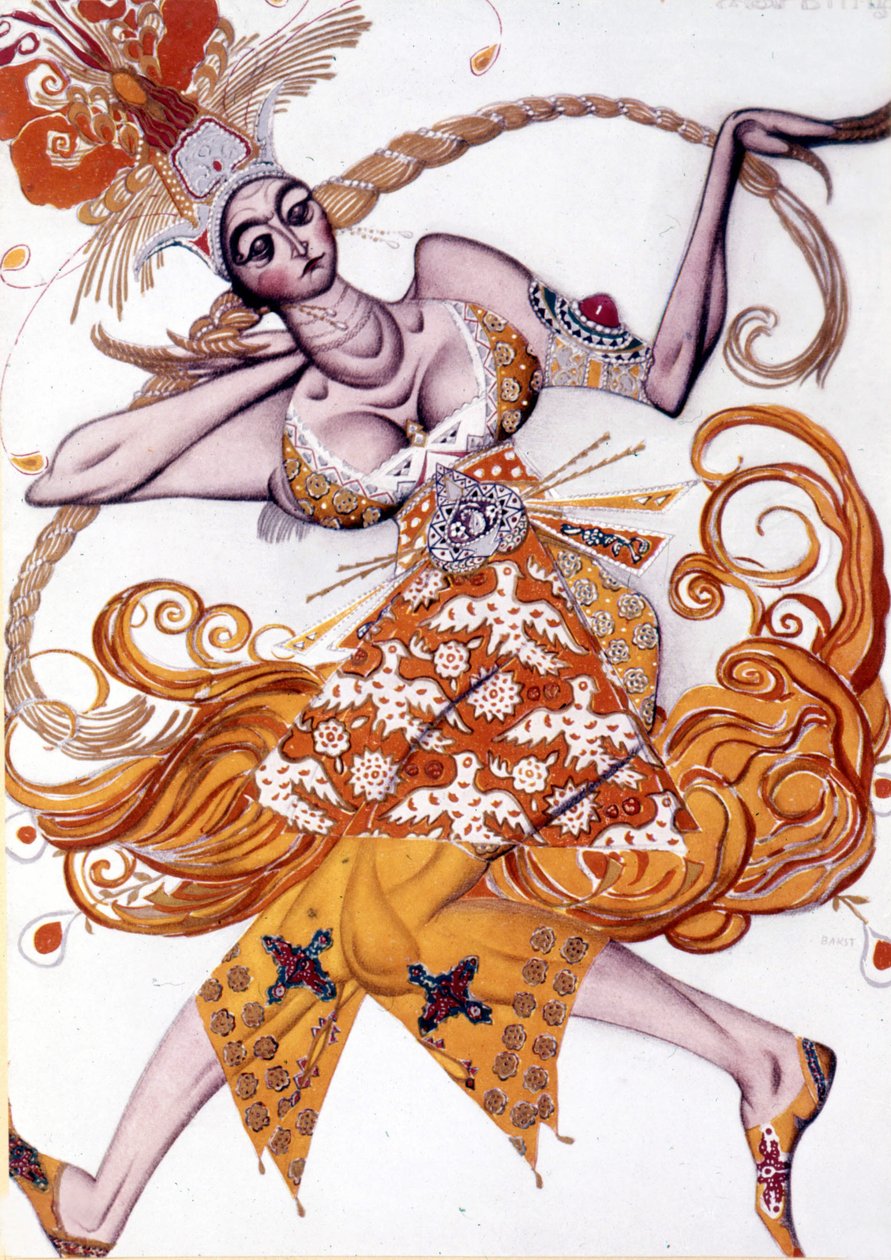 O traje de Léon Bakst para "O Pássaro do Fogo" de Igor Stravinsky na Ópera de Paris, Junho de 1910 de Leon Bakst