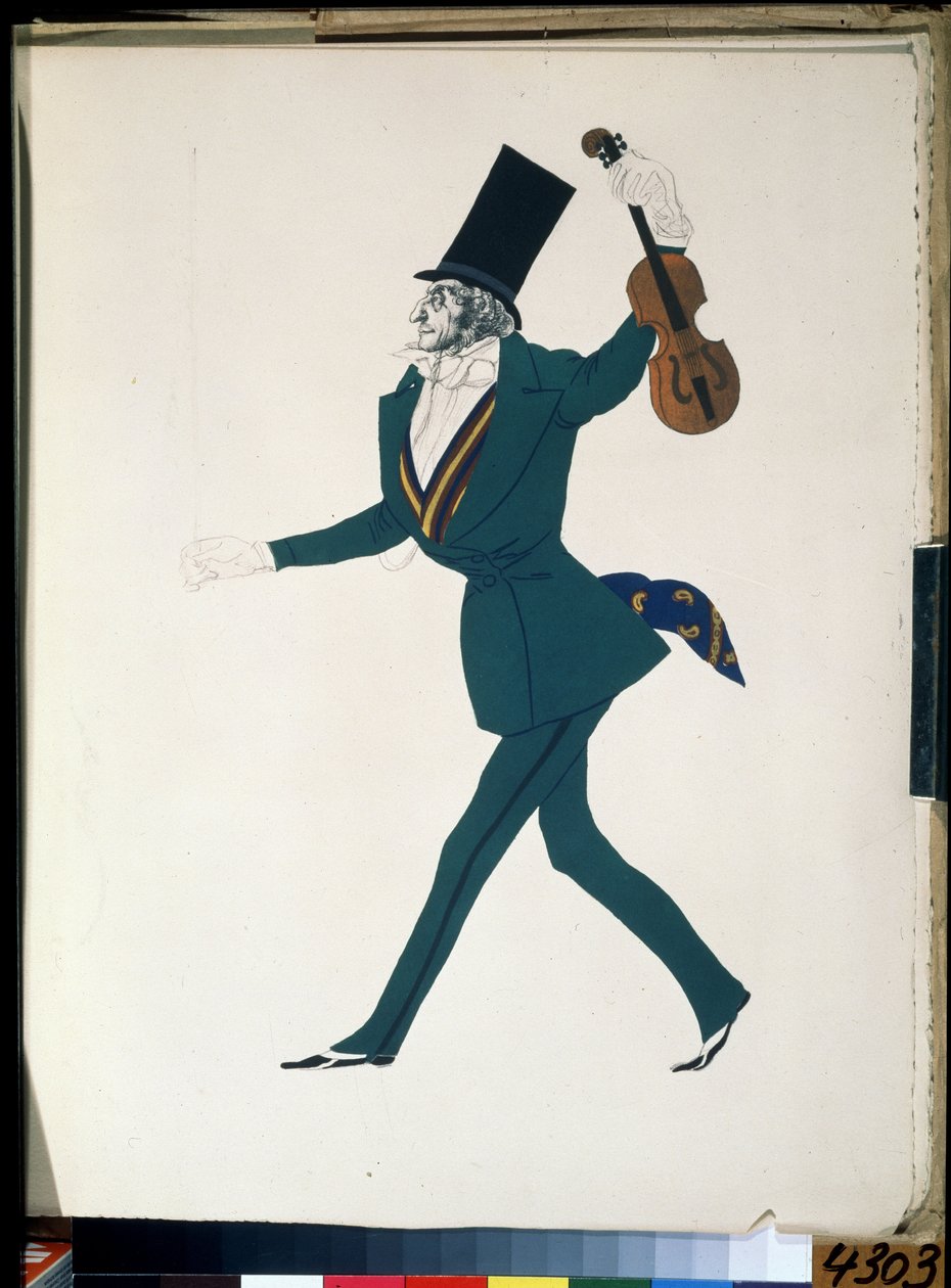 Niccolo Paganini (1782-1840), figurino para o balé ""A Noite Mágica"" de Frederic Chopin (1810-1849) (Niccolo Paganini, figurino para o balé A Noite Mágica de F. Chopin). Desenho de Leon Bakst (1866-1924). Guache e tinta sobre papel de Leon Bakst