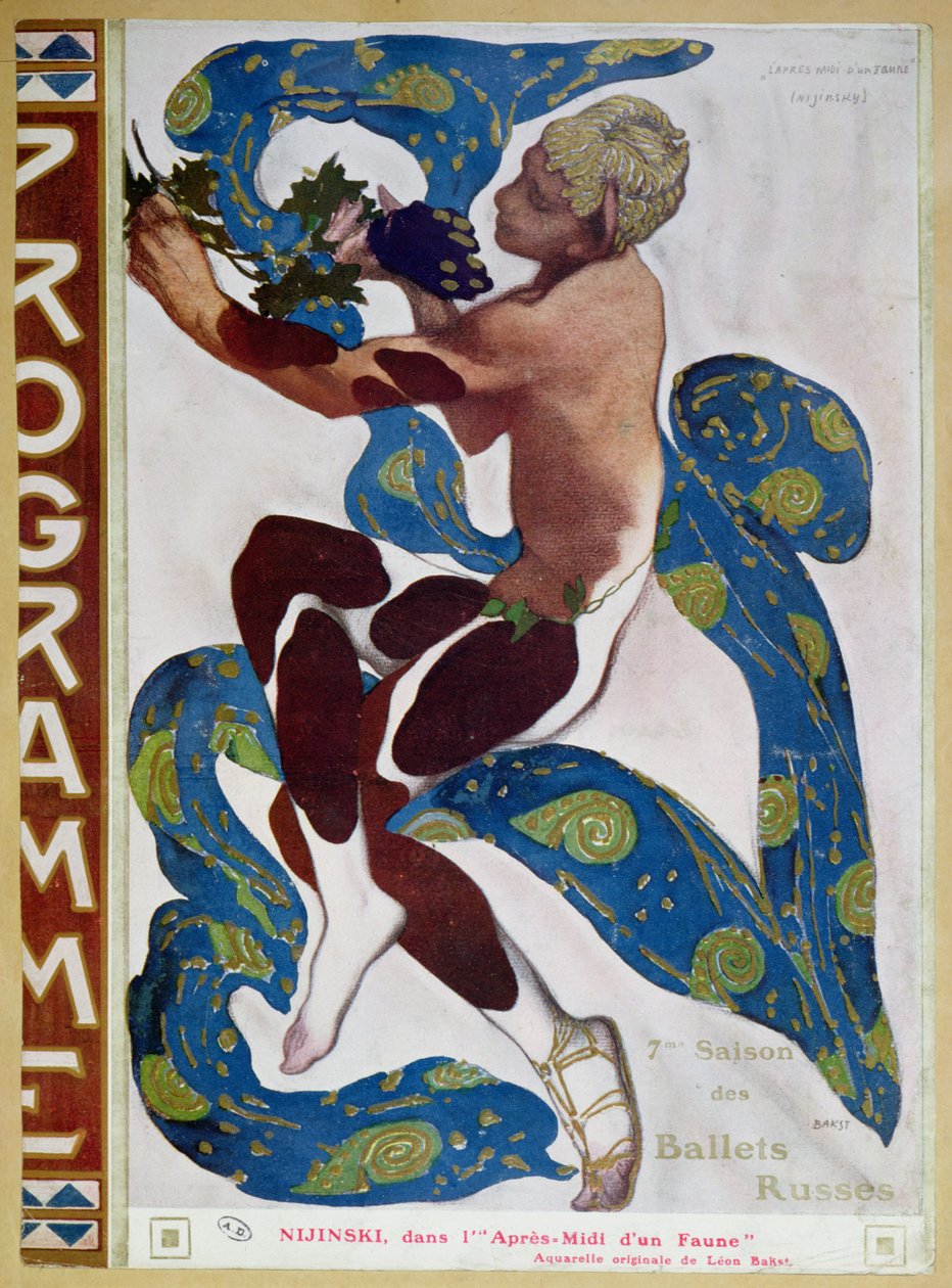 Traje Fauno de Nijinsky em &39;L&39;Apres Midi d&39;un Faune&39; de Claude Debussy (1862-1918) da capa do programa da 7ª temporada dos &39;Ballets Russes&39;, 1912 de Leon Bakst