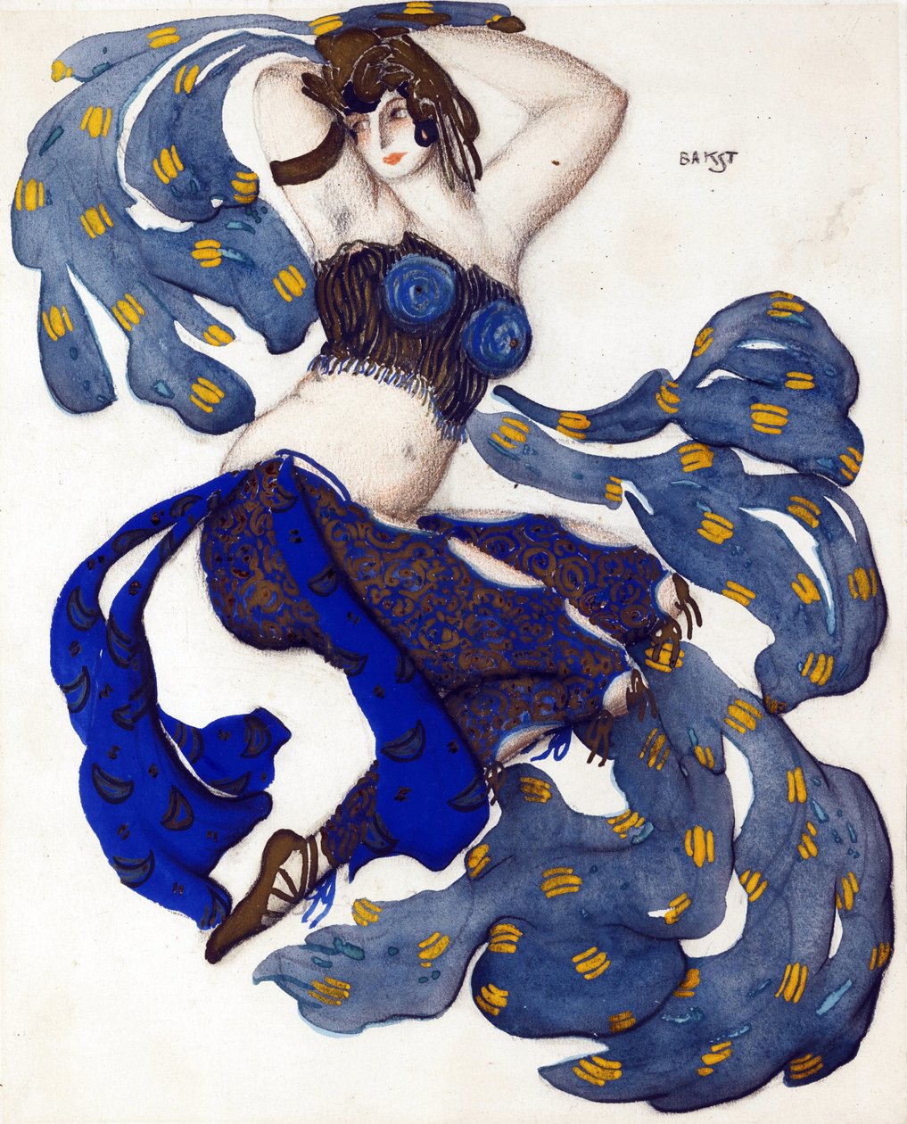 Odalisco. Desenho de figurino para o Ballet Sheherazade de N. Rimsky-Korsakov - Bakst, Leon (1866-1924) - 1910 - Aquarela, Gouache sobre Papel - 33x28 - Coleção Particular de Leon Bakst