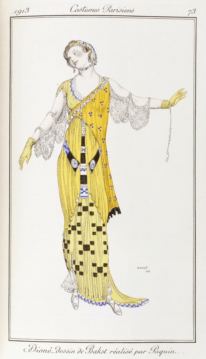 Roupas parisienses: desenho de Dione de Bakst executado por Paquin, 1913 de Leon Bakst