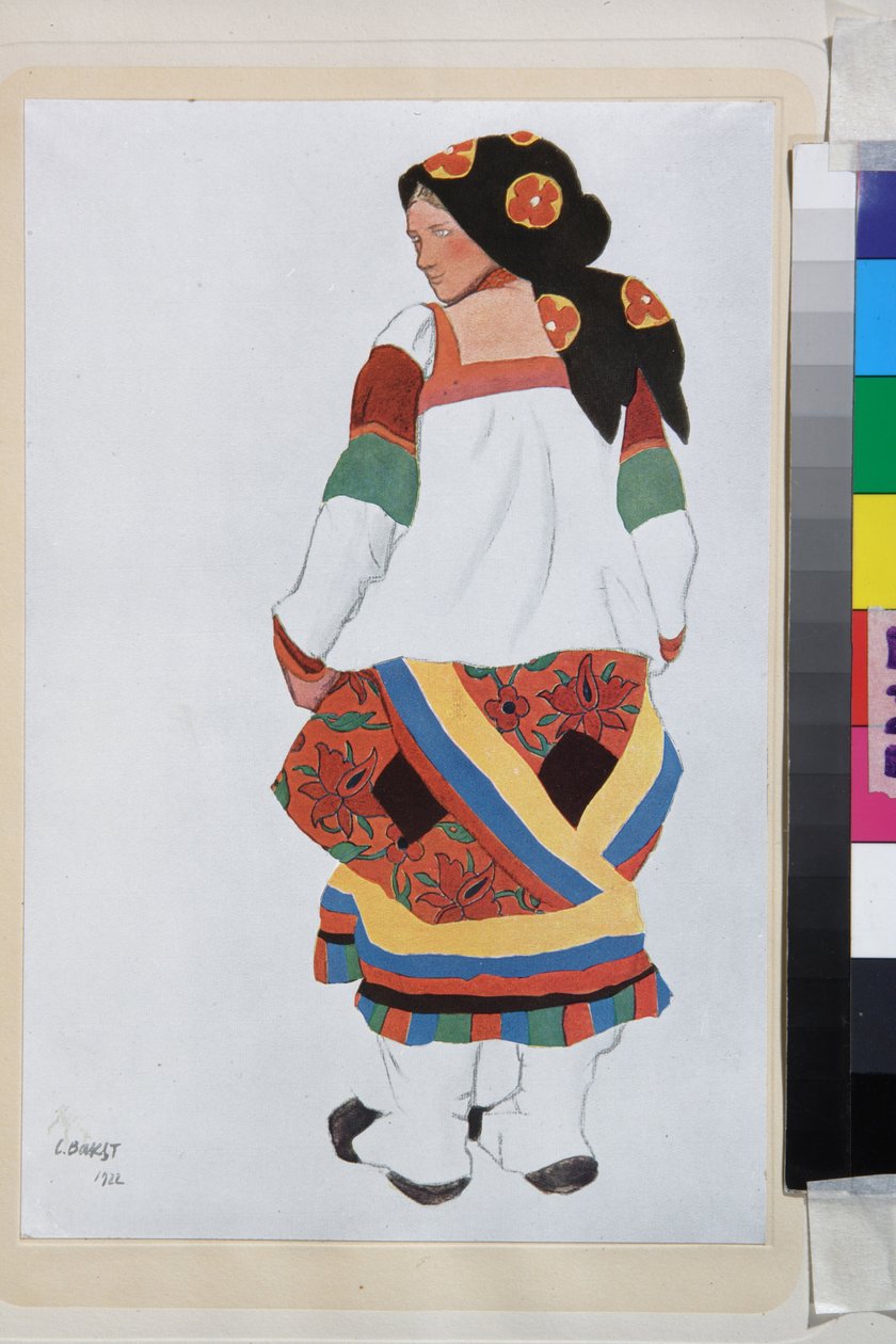 Camponesa, figurino para o Vaudeville Old Moscow, no Teatro Femina, Paris (França) - Obra de Leon Bakst (1866-1924), litografia 1922 - (Camponesa, Figurinos para o Vaudeville Old Moscow, no Teatro Femina em Paris, por Leon Bakst (1866-1 de Leon Bakst