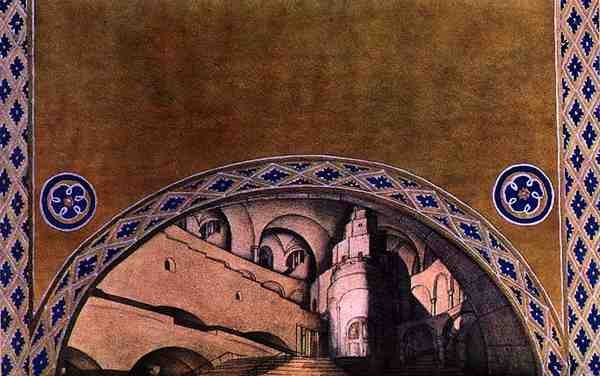 Desenho de cenário para o Mártir de São Sebastião, c.1911-22 (cor litho) de Leon Bakst