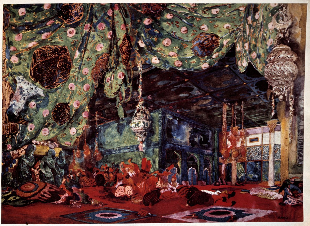 Cenografia de Leon Bakst (1866-1924), pintor e decorador russo para a ópera "Scheherazade" (Sheherazade) de Nicholas (Nikolai) Rimski Korsakov (Rimski-Korsakov) (1844-1908). de Leon Bakst