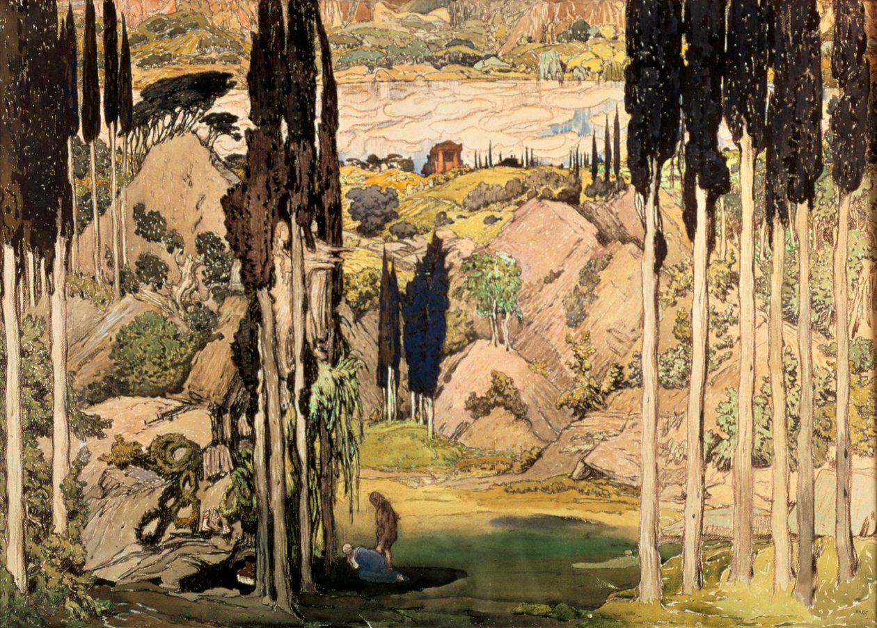 Cenografia para o Ato II de uma produção de Ballet Russes de Ravels Daphnis e Chloe, 1912 de Leon Bakst