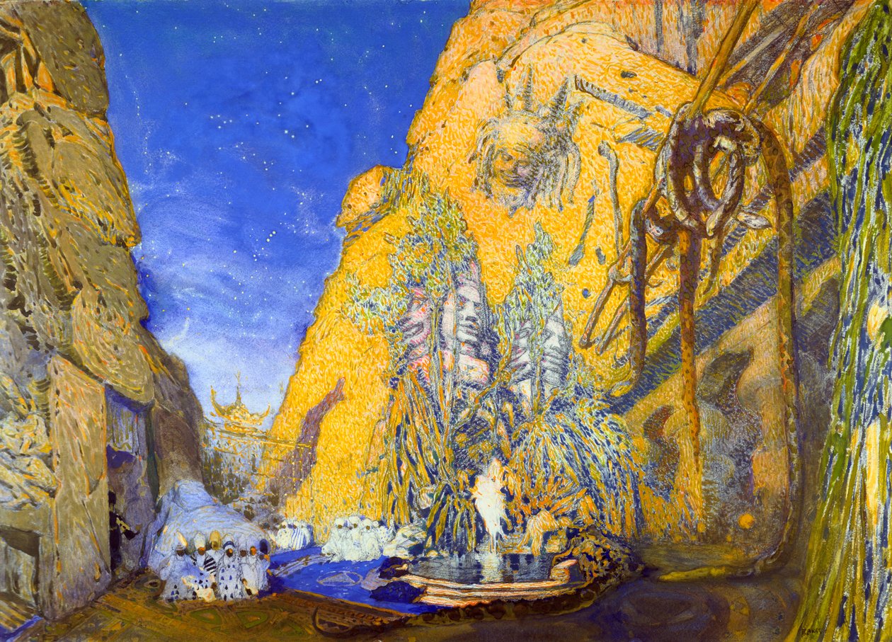 Cenografia para uma produção de Ballets russos de The Blue God The Blue God, 1911 de Leon Bakst