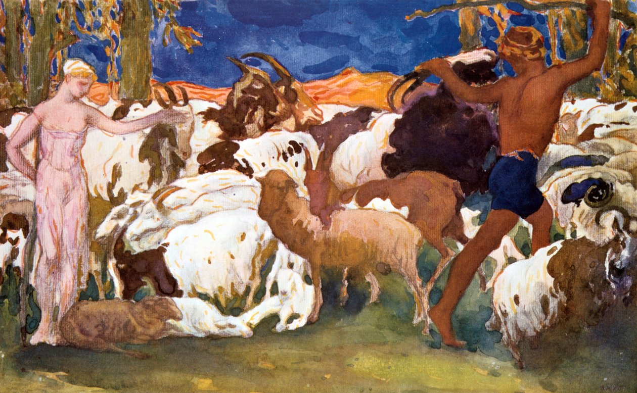 Cenografia para uma produção de Ballets Russes de Ravels Daphnis et Chloe, 1912 de Leon Bakst