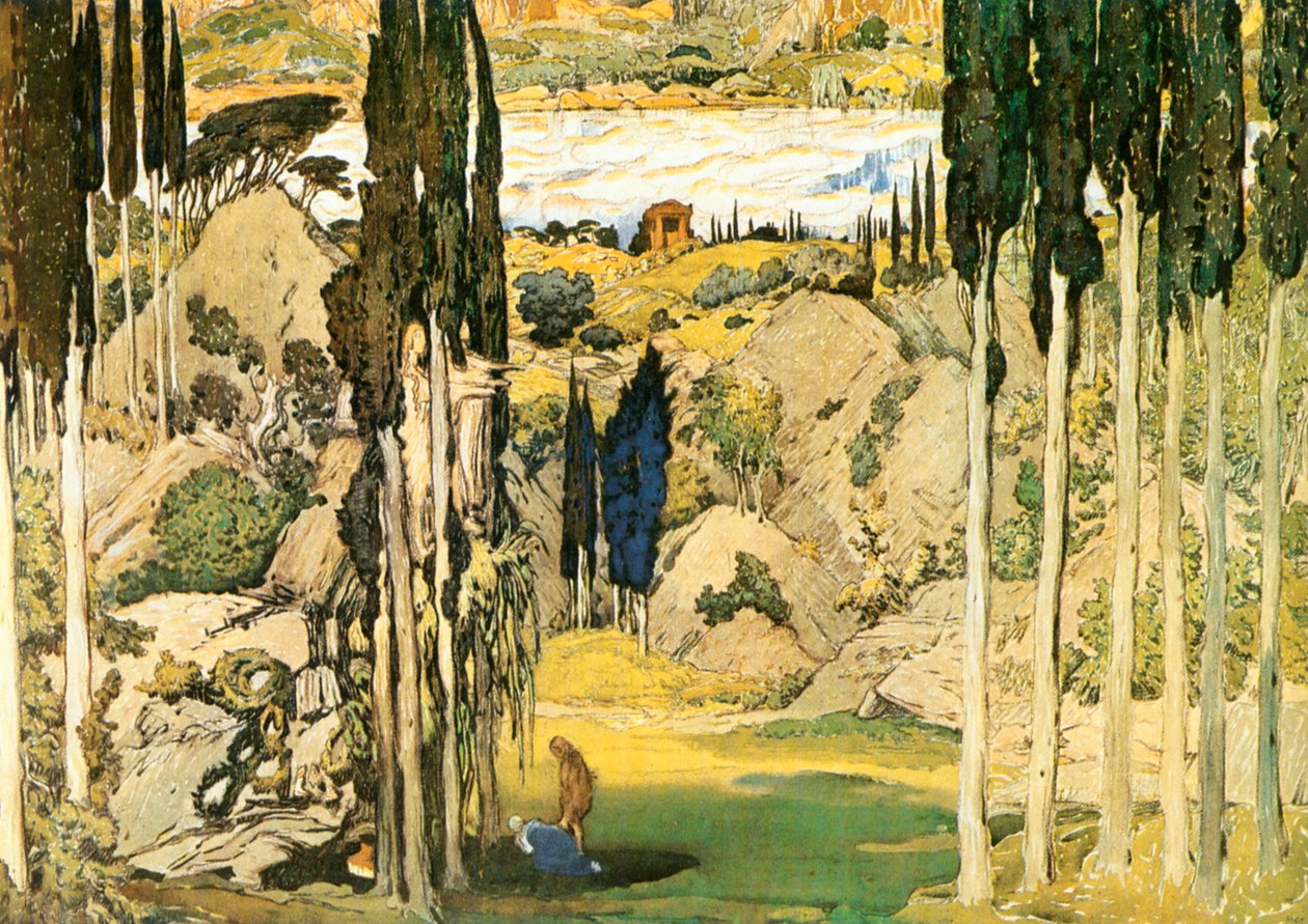 Esboço para o cenário do primeiro ato do bailado Daphnis e Chloe de Maurice Ravel de Leon Bakst