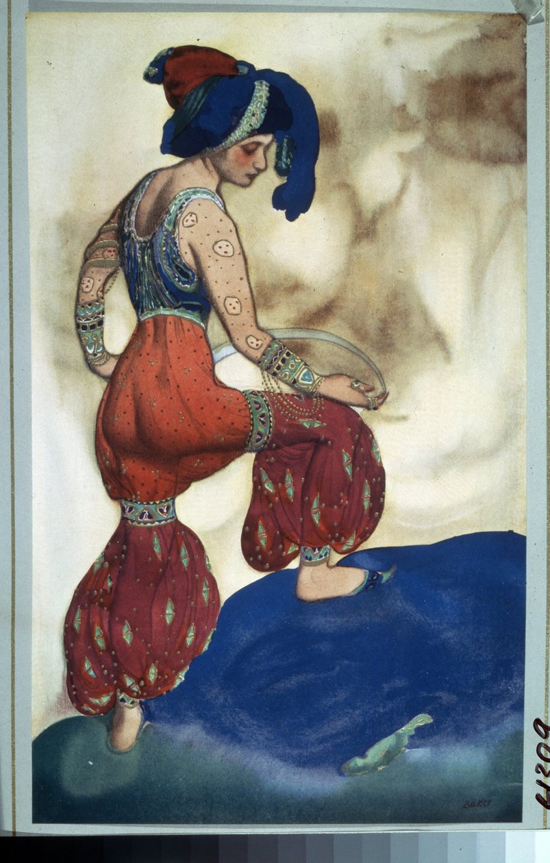Sultan, figurino para o balé ""Sheherazade"" de Nicolas (Nikolai) Rimski Korsakov (Rimski-Korsakov) (1844-1908) de Depois dos Contos das Mil e Uma Noites. princesa por N.Rimsky Korsakov (Rimsky-Korsakov). Desenho de Leon Baxt (1866-1924). Guache e ouro de Leon Bakst