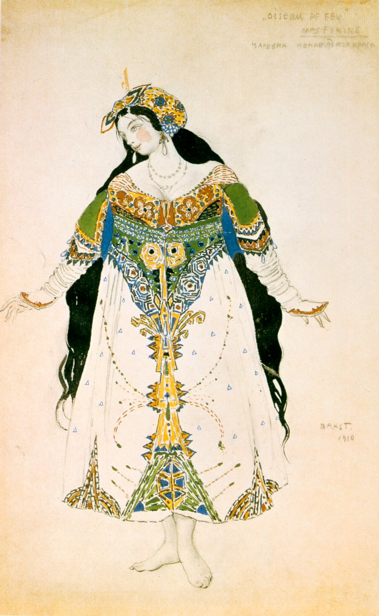 O Tsarevna, figurino para a produção de Stravinskys The Firebird, 1910, Ballets Russes de Leon Bakst