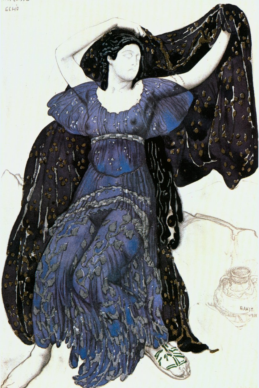 A ninfa Echo, esboço de figurino para o ballet "Narciso" de Nicolai Cherepnin (aguarela e prata sobre papel) de Leon Bakst