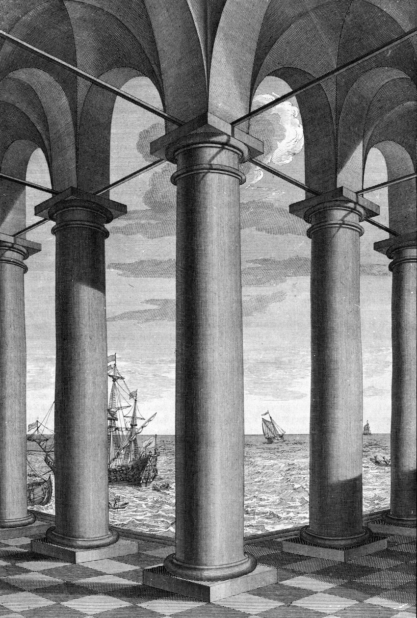 Na arquitetura, uma paisagem marítima aparece atrás de um edifício apoiado por arcadas: um quadro desenhado de "De Architectura Libri decem" de Leon Battista Alberti (1404-1472), arquiteto, matemático, poeta italiano da Renascença, Londres de Leon Battista Alberti