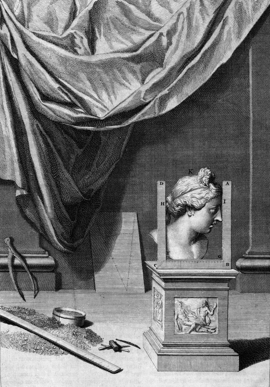 Tratamentos de arquitetura, busto de uma estátua clássica e ferramentas arquitetônicas: quadro retirado de "De Architectura Libri decem" de Leon Battista Alberti (1404-1472), arquiteto, matemático, poeta italiano da Renascença, Londres de Leon Battista Alberti