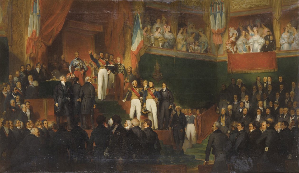LOUIS-PHILIPPE (1773-1850) PRETE SERMENT DE MAINTENIR LA CHARTE DE 1830 PT PRESENCE DES CHAMBRES, LE 9 AOUT 1830 peinture de LeON-JEAN-BASILLE PERRAULT AND HIS STUDIO - Louis-Philippe I é investido como rei perante a Câmara dos Deputados, 9 de Agosto de 18 de Leon Bazile Perrault