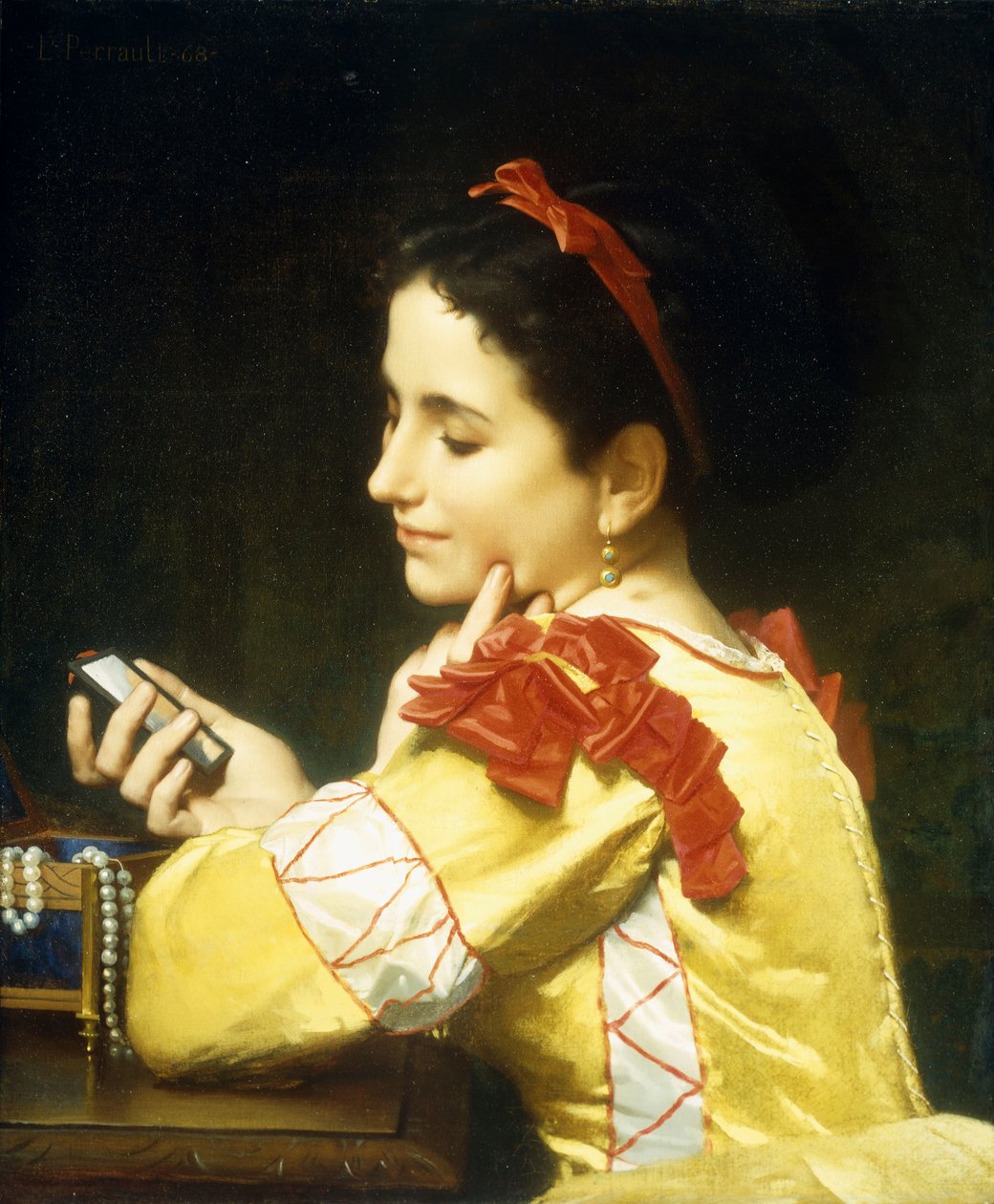 Senhora olhando em espelho de mão, 1868 de Leon Bazile Perrault