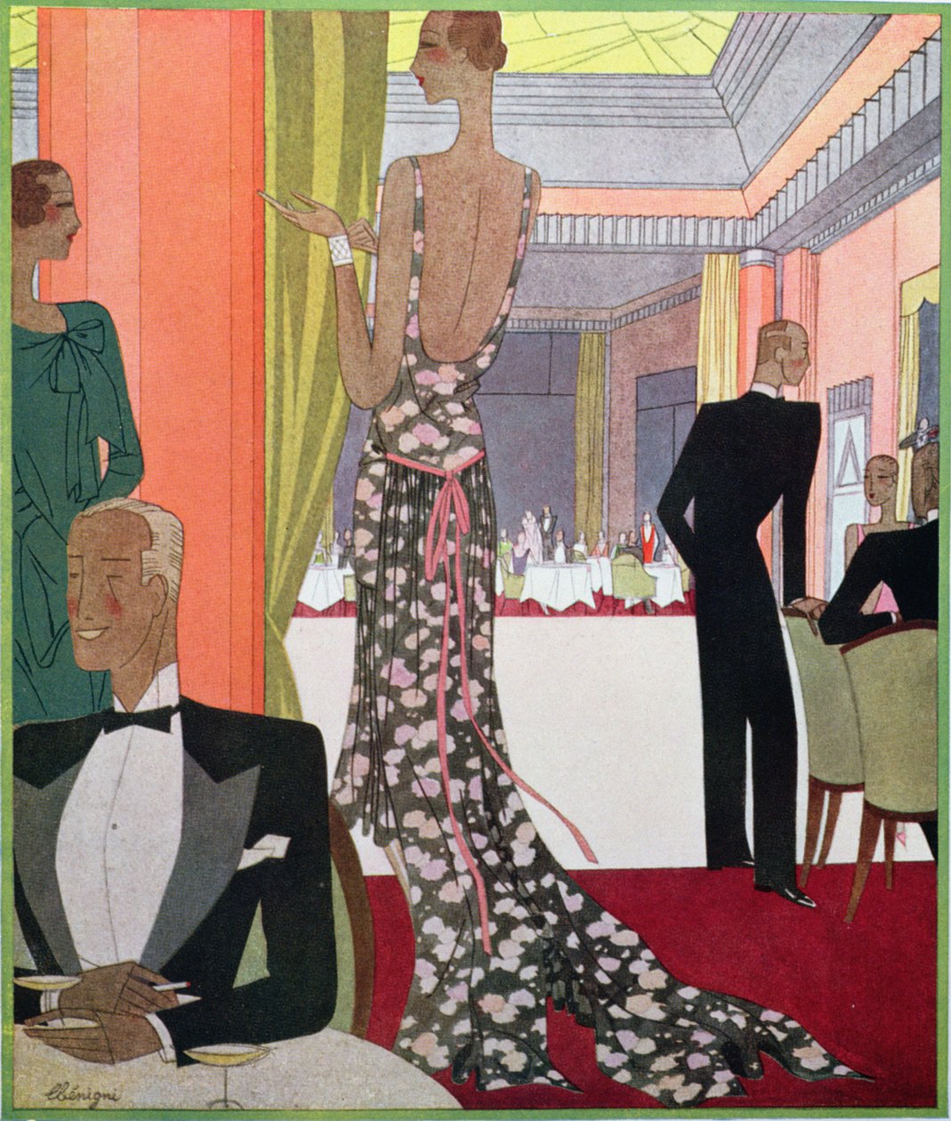 Design de moda para um vestido de noite pela Casa de Louise Boulanger num Soiree de Gala no Casino do Le Touquet de Leon Benigni