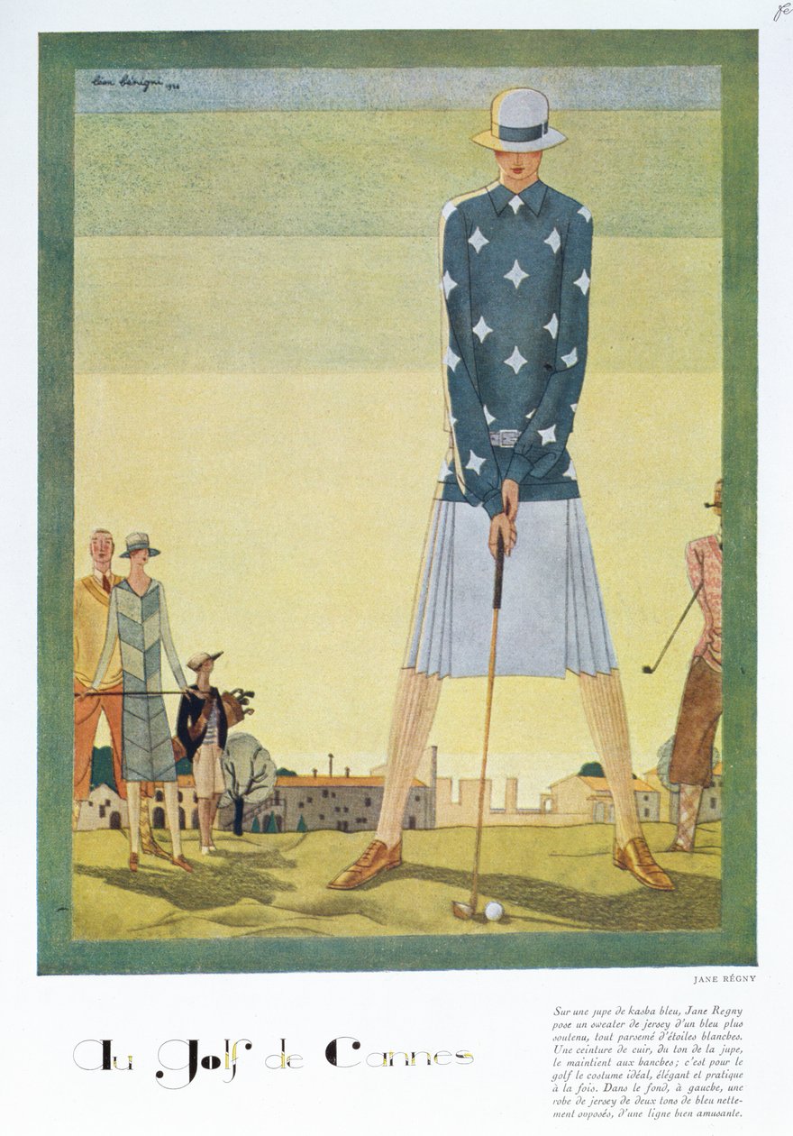 Desenho de vestido de golfe por Jane Regny, placa de moda da revista 