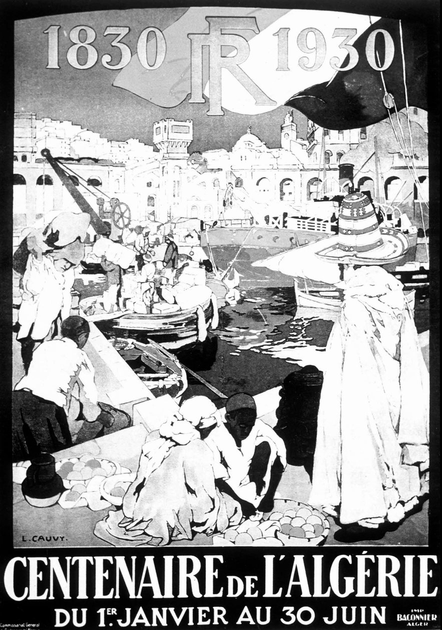 Cartaz da exposição Argel 1830 - 1930 desenho Argel Argélia Francesa Cartaz 100 anos de Leon Cauvy