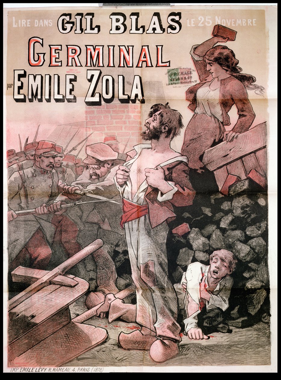 Cartaz publicitário da publicação de &39;Germinal&39; de Emile Zola (1840-1902) em &39;Gil Blas&39;, 25 de novembro de 1878 de Leon Choubrac