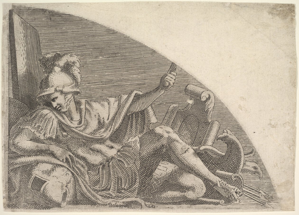 Marte sentado no meio de troféus, 1540-56. de Leon Davent