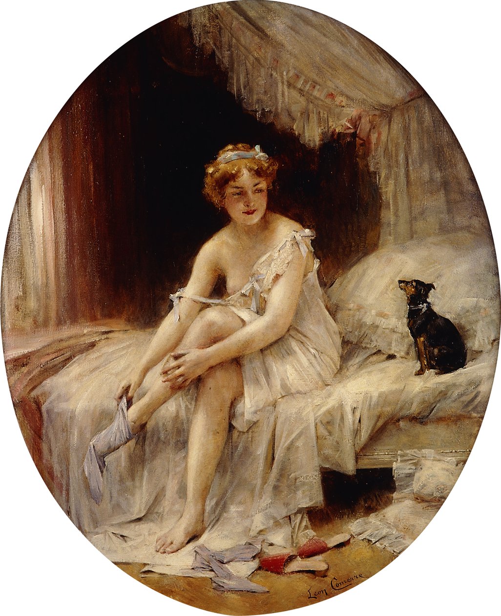 Pequena mulher calçando as meias; Pequena mulher colocando suas meias, de Leon Francois Comerre