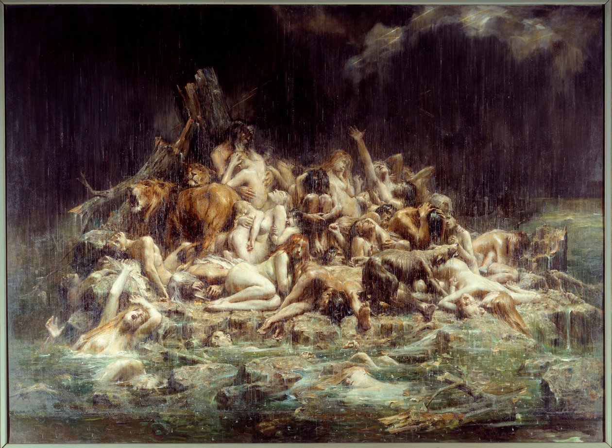 O Dilúvio Um grupo de corpos de seres humanos e animais sob as correntes de chuva da raiva do céu, alguns já estão afogados, outros gritam a sua angústia. Pintura de Leon Comerre (1850-1916) 1911 Sol. 3,45x4,48 m Nantes, Musee des Beaux Arts de Leon Francois Comerre