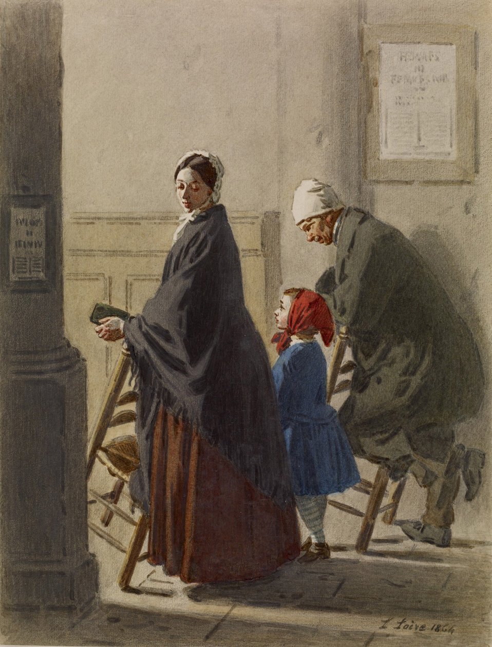 Homem, mulher e menina em oração na igreja, 1864 (wc e grafite sobre papel) de Leon Henri Antoine Loire