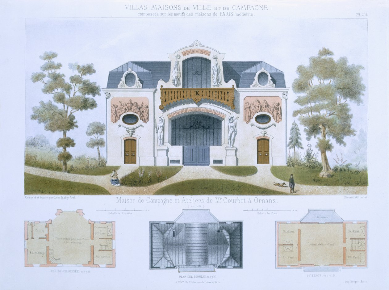 Casa e Oficinas do Sr. Courbet em Ornans, de &39;Villas, Cidade e Casas de Campo Baseadas nas Casas Modernas de Paris&39;, c.1864 de Leon Isabey