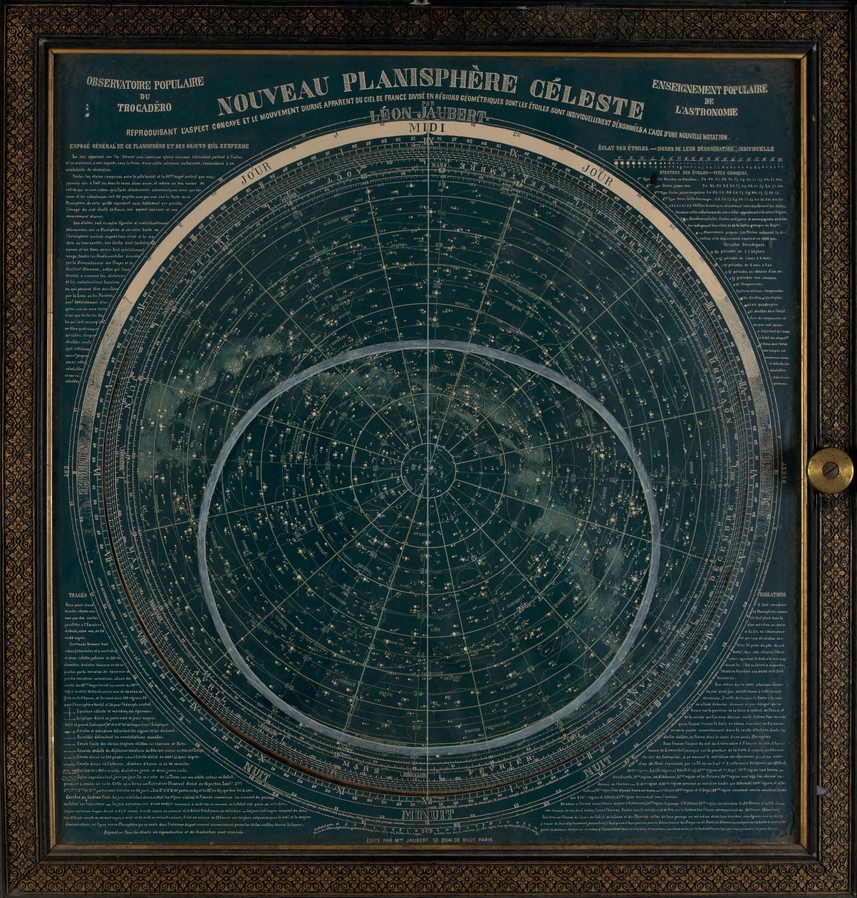 Um planisfério impresso a branco sobre um fundo azul escuro, c.1900 (cartão, dourado) de Leon Jaubert