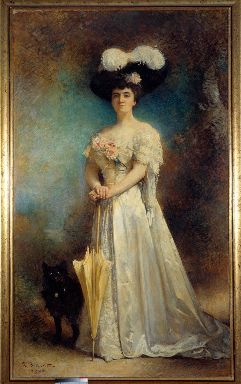 Portrait en pied de madame Maurice Pascal e son chien Tiny Painting de Leon Joseph Bonnat (1833-1922) 1905 Sun. 2,17x0,9 m Pau, musee des Beaux Arts - Retrato completo de Madame Maurice Pascal e seu cão, Tiny. Pintura de Leon Joseph Bonnat (1833-19 de Leon Joseph Florentin Bonnat