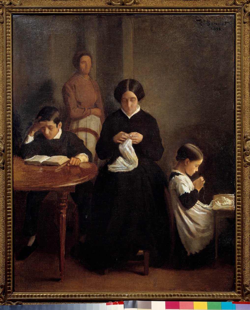 A família do artista Le jeune brother estudou, enquanto a mãe e a irmã faziam trabalhos de costura. Pintura de Leon Bonnat (1833-1922) 1853 Bayonne, Musee Bonnat. de Leon Joseph Florentin Bonnat