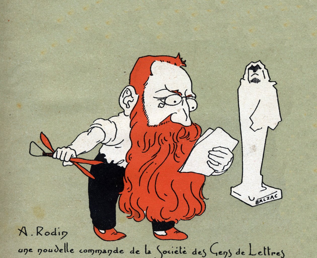 Desenho animado de Auguste Rodin com uma nova comissão da Societe des gens de lettres (Escultura de Balzac) - Ilustração de Leon Lebegue (1863-1944) - Gravura em "Le sun-du-dimanche" de Leon Lebegue