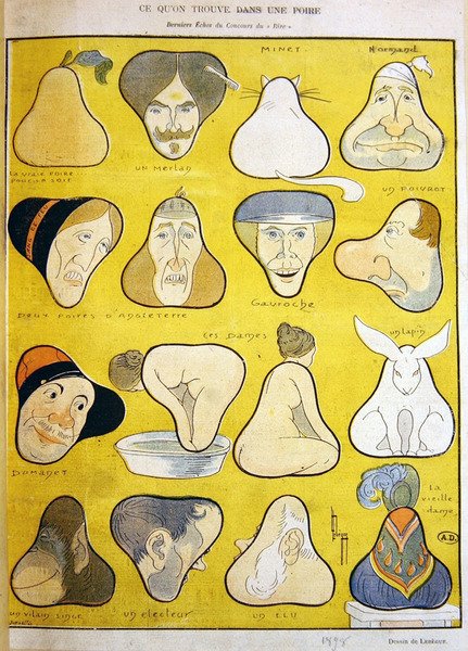 Representações humorísticas de rostos, seres humanos e animais em forma de pêra de Leon Lebegue