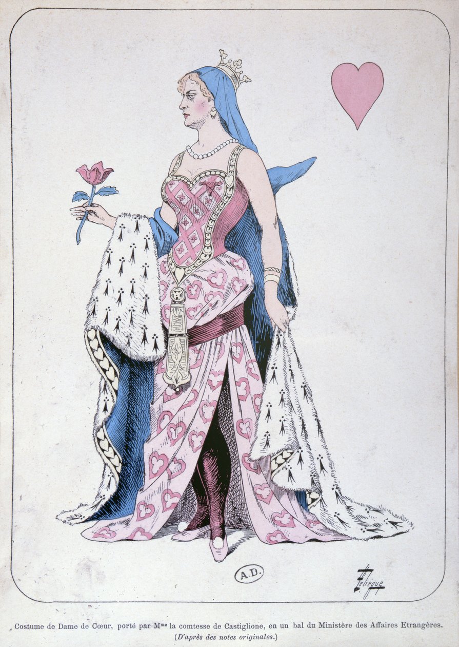 La Castiglione vestida como a rainha dos corações para um baile no Ministério das Relações Exteriores em Paris de Leon Lebegue