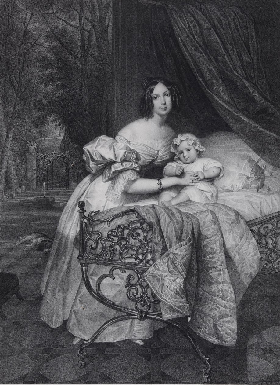 Retrato de Maria Irineevna Buteneva, née Chreptowicz 1811-1890 com a filha Maria 1835-1905, 1 de Leon Noel