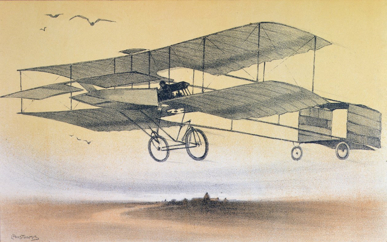 Um voo dos Irmãos Farman antes de 1914 (cor litho) de Leon Pousthomis